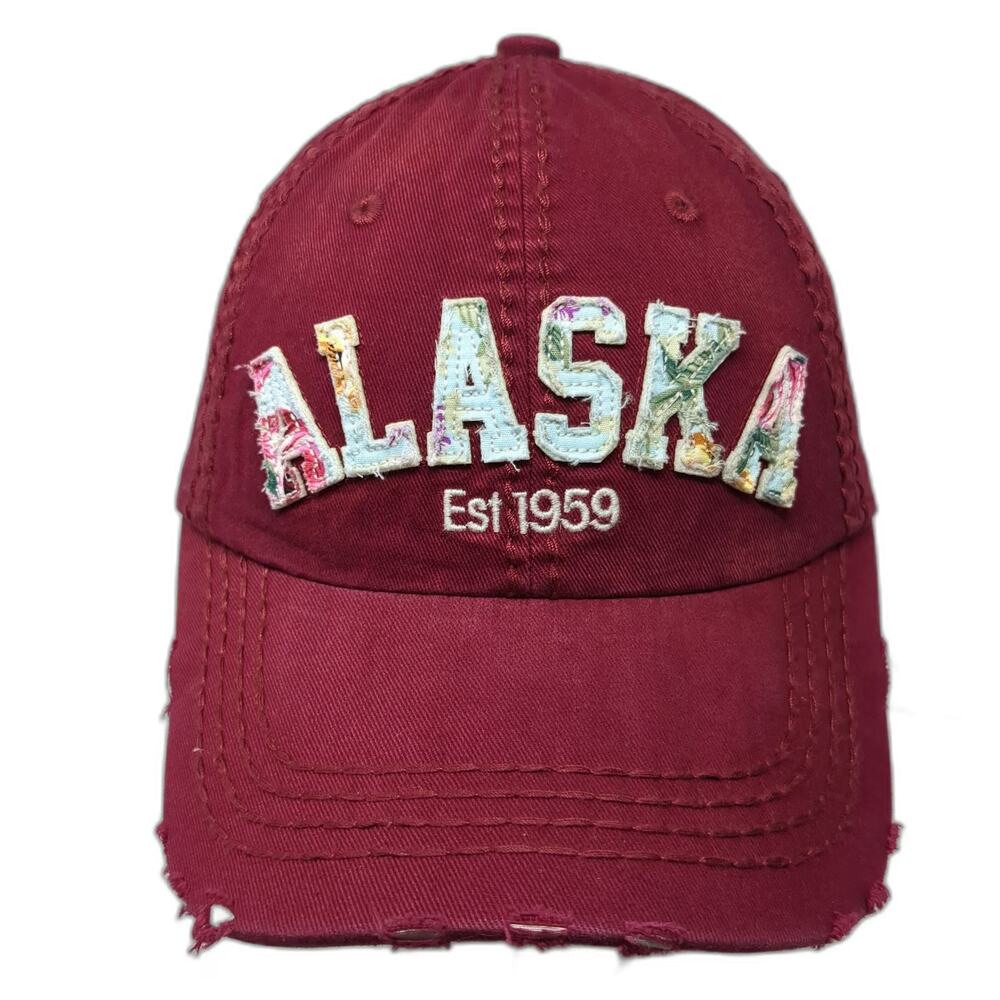 Robin Ruth Baseball Cap Red OSFM Alaska Floral Distressed Est 1959 Frayed Hat